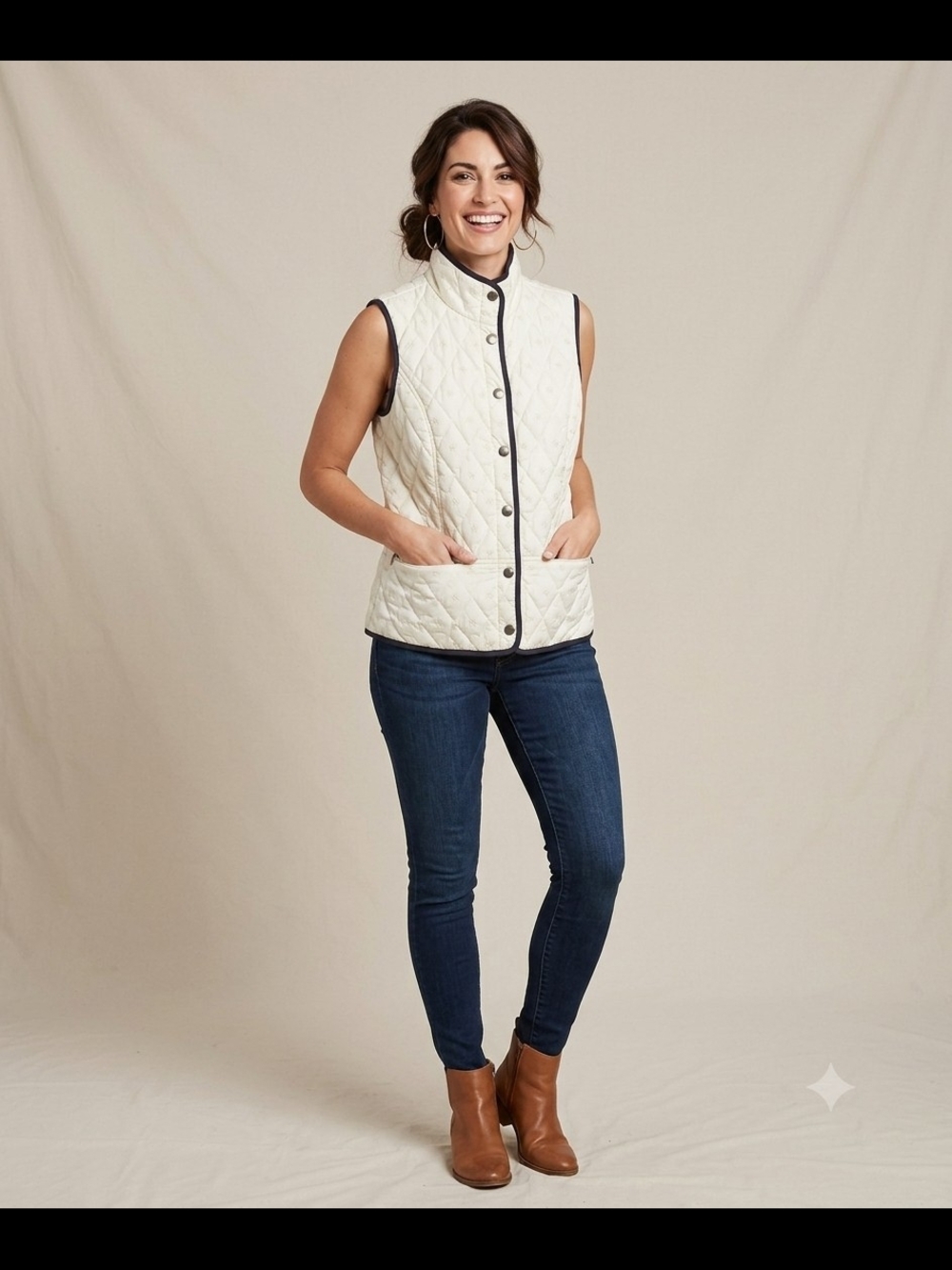 Eddie Bauer Ivory Quilted Snap-Front Vest with Contrast Trim